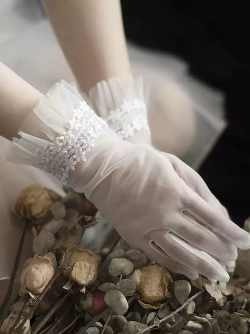 White Bridal Tulle Wedding Gloves – Floral Ruffle Cuff Gloves